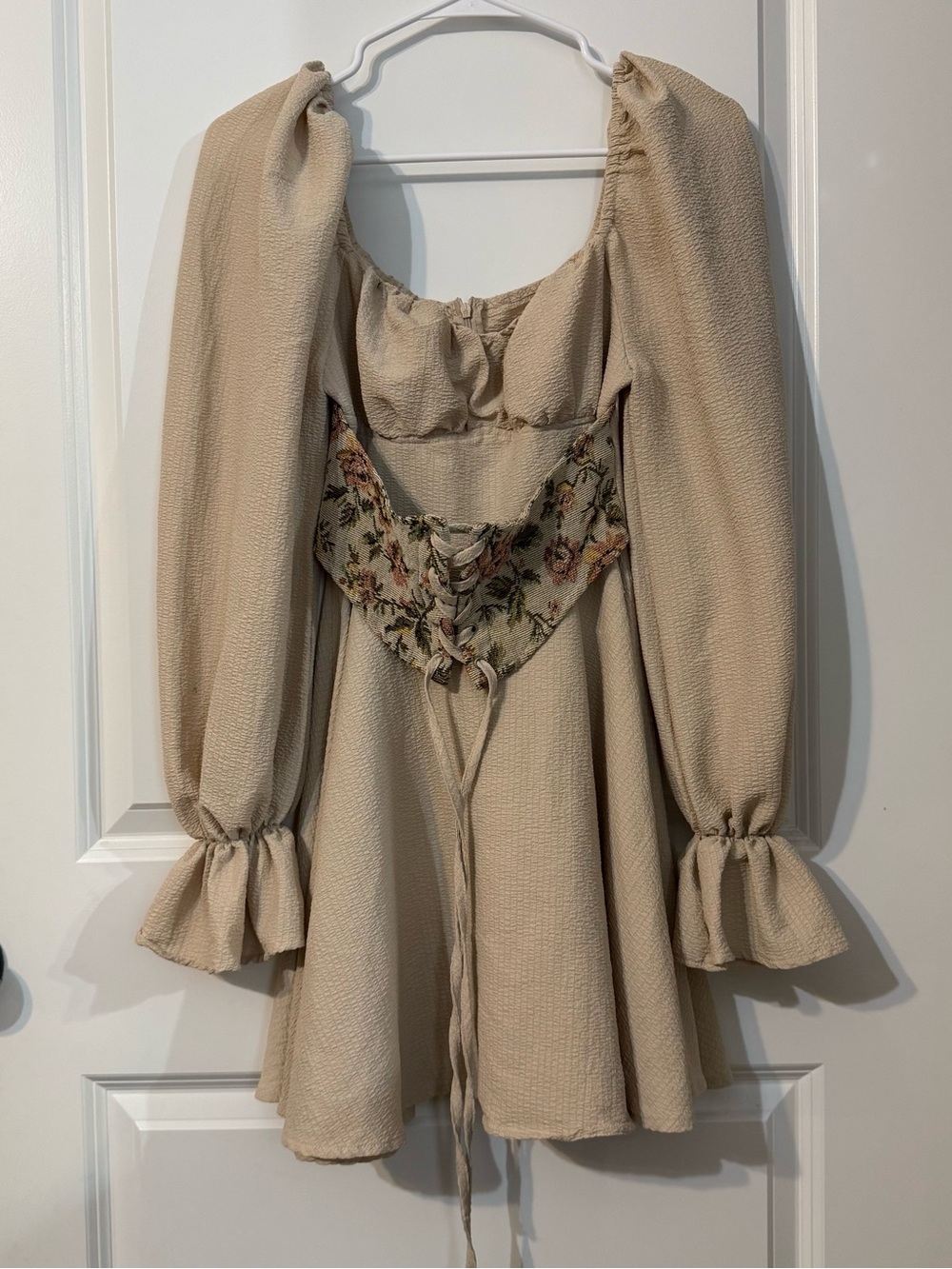 SHEIN MOD Cottagecore Corset Waist Mini Dress XS Beige Floral Long Sleeve